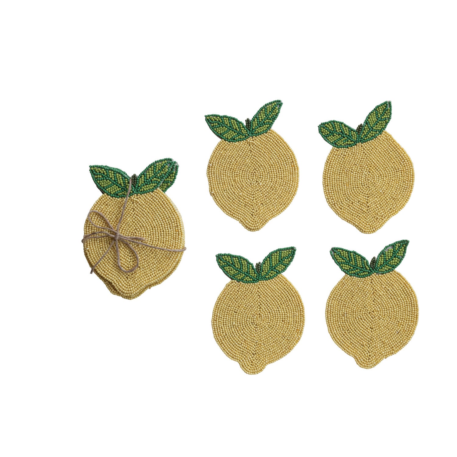 Handmade Beaded Lemon Coasters, Set of 4 Tied with Jute